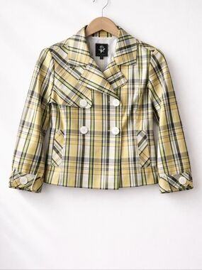 Abbie Mags~Women Yellow Plaid Peacoat Button Jacket~Spring~Double Breasted~MED